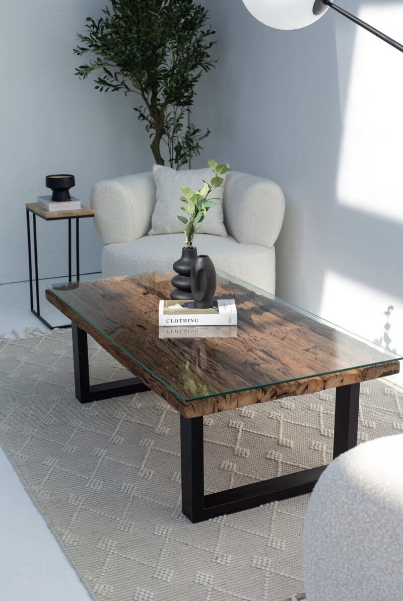 Railway Wood Top Coffee Table with Glass Top Black Leg (U Shape)
