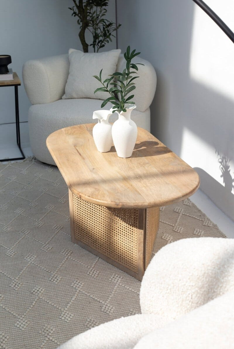 Baines Rattan Base Oval Wood Coffee Table Homekode