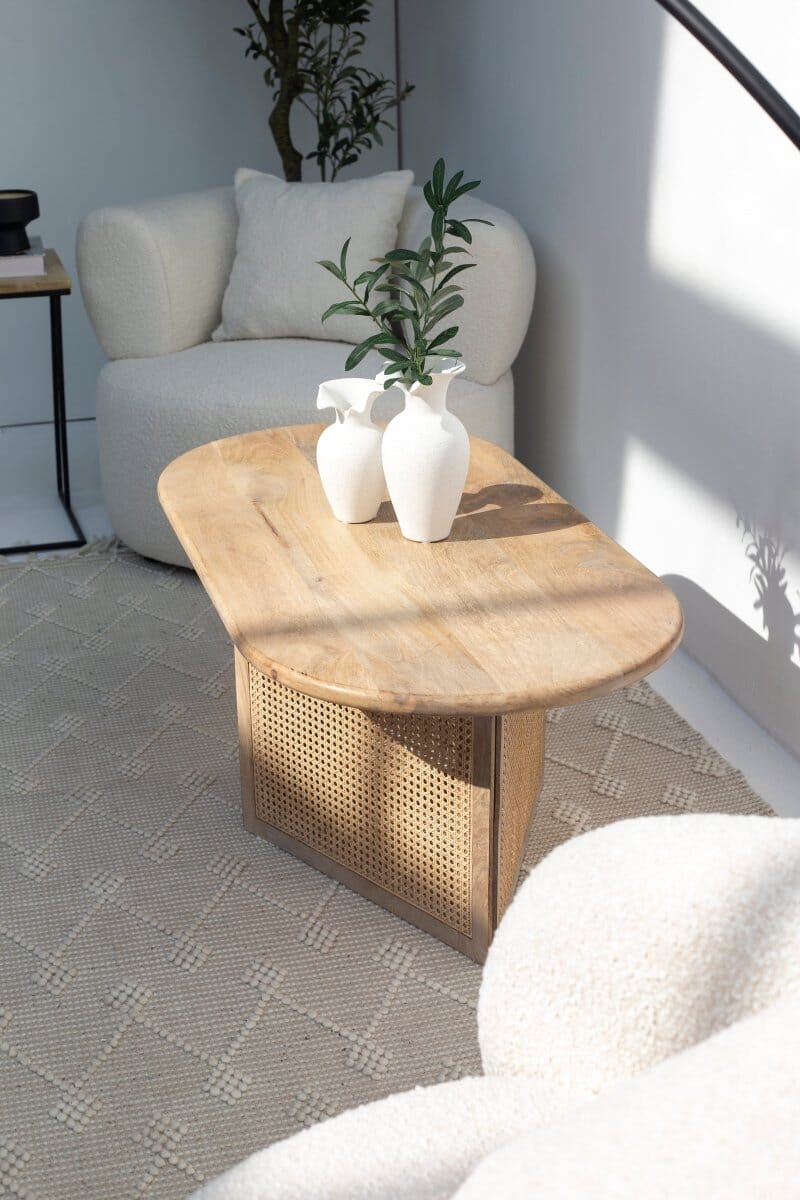 Baines Rattan Base Oval Wood Coffee Table Homekode