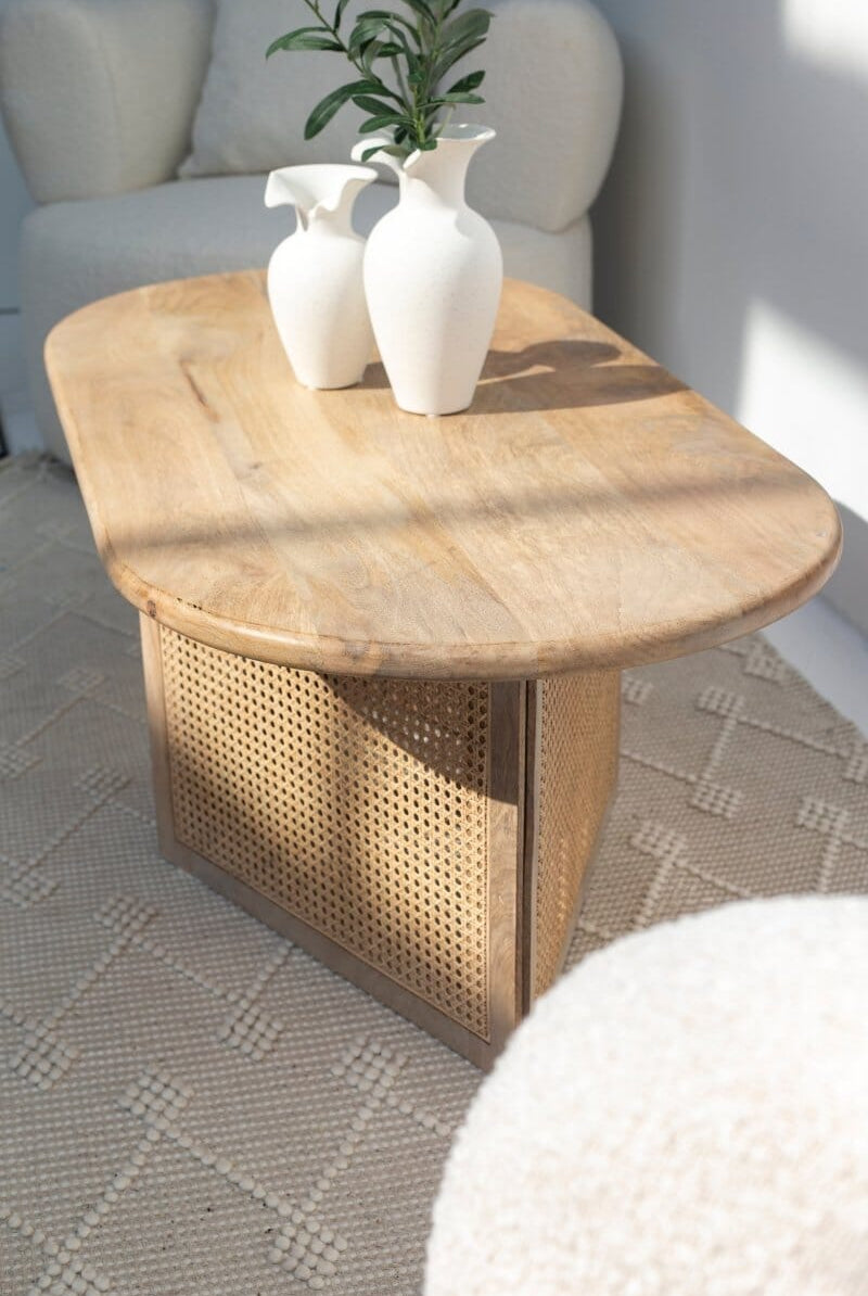 Baines Rattan Base Oval Wood Coffee Table Homekode