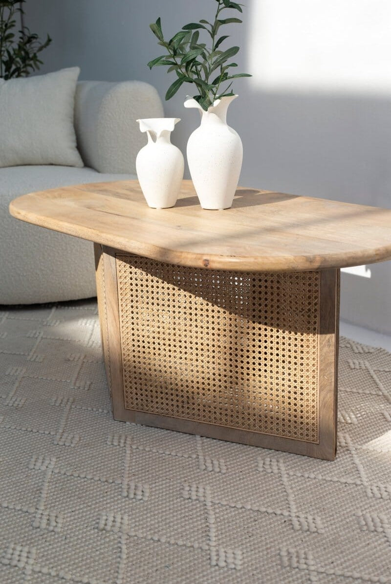Baines Rattan Base Oval Wood Coffee Table Homekode
