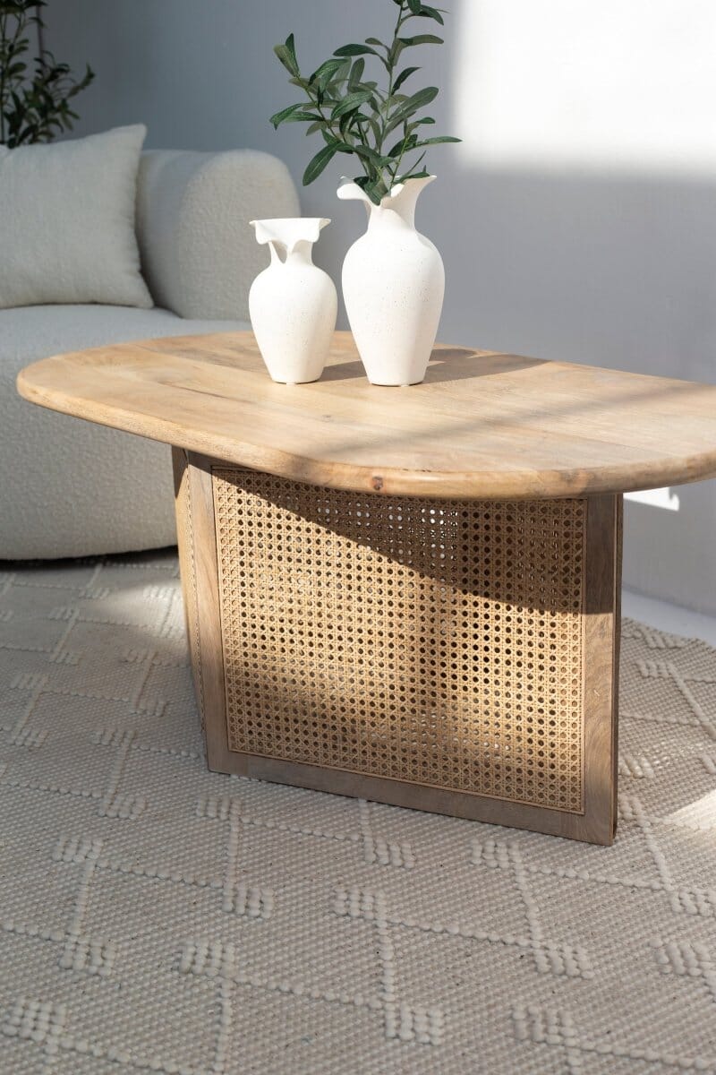 Baines Rattan Base Oval Wood Coffee Table Homekode