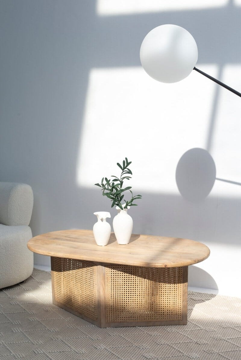 Baines Rattan Base Oval Wood Coffee Table Homekode