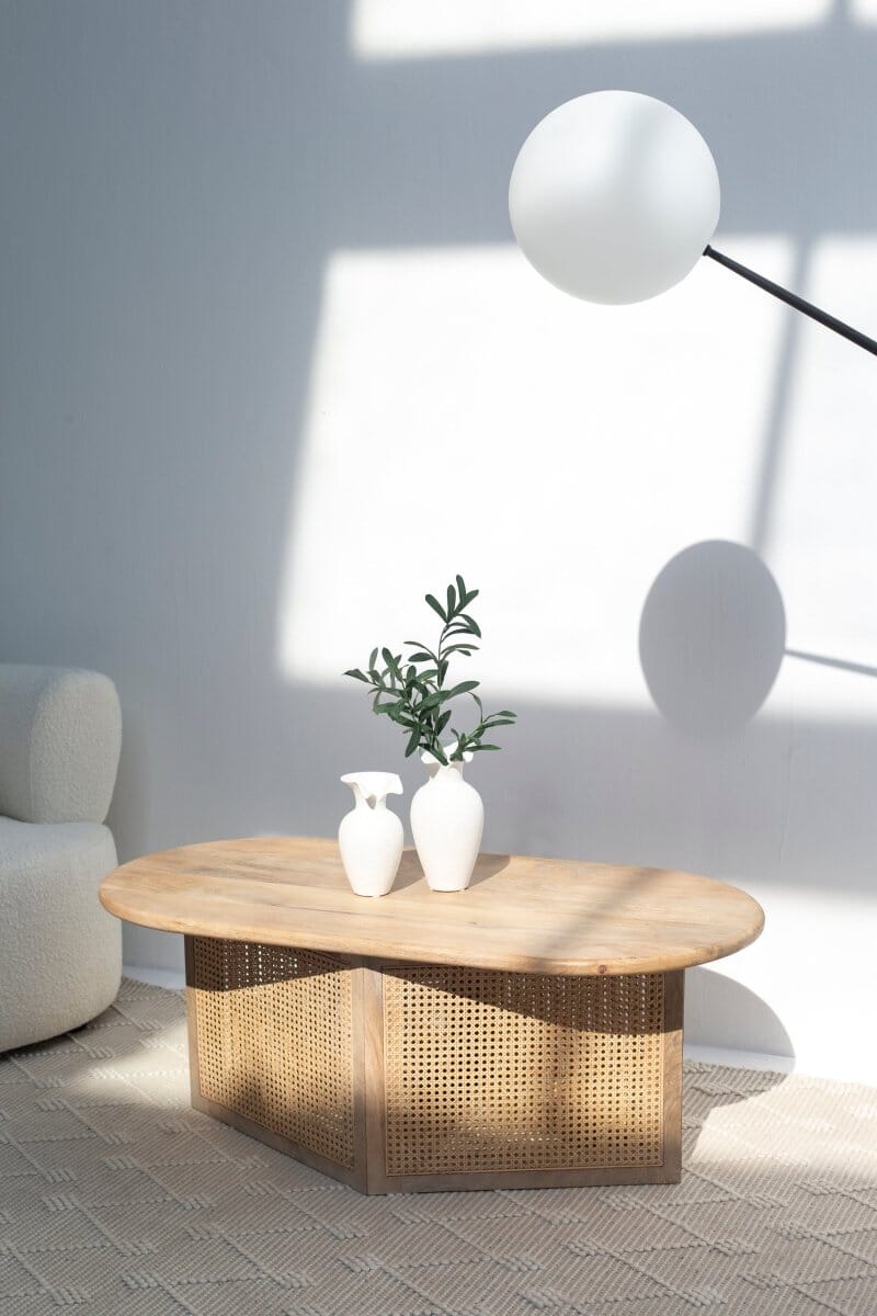 Baines Rattan Base Oval Wood Coffee Table Homekode