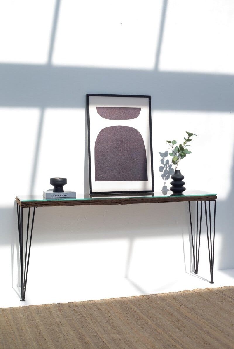 Railway Wood with Glass Top Console Table Homekode 120CM Length x 75CM Height Black/Pins