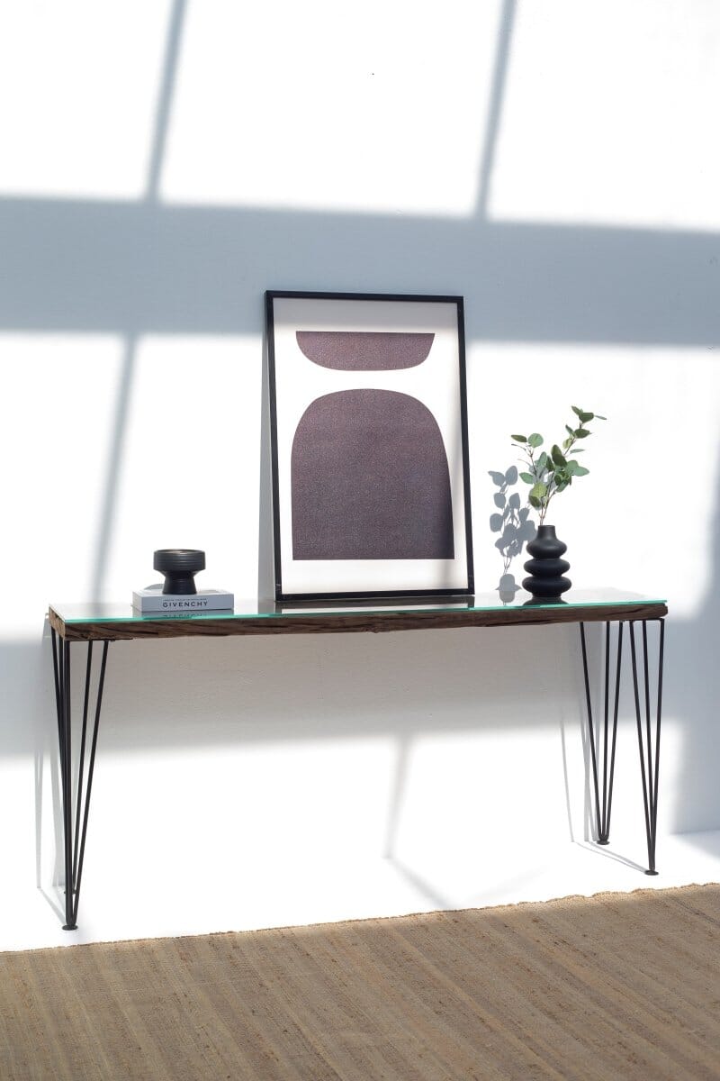 Railway Wood with Glass Top Console Table Homekode 120CM Length x 75CM Height Black/Pins