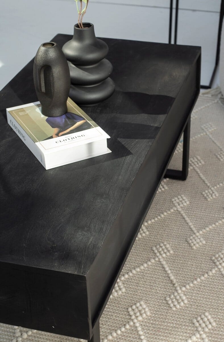 2 Drawer Slat Coffee Table with Black Top