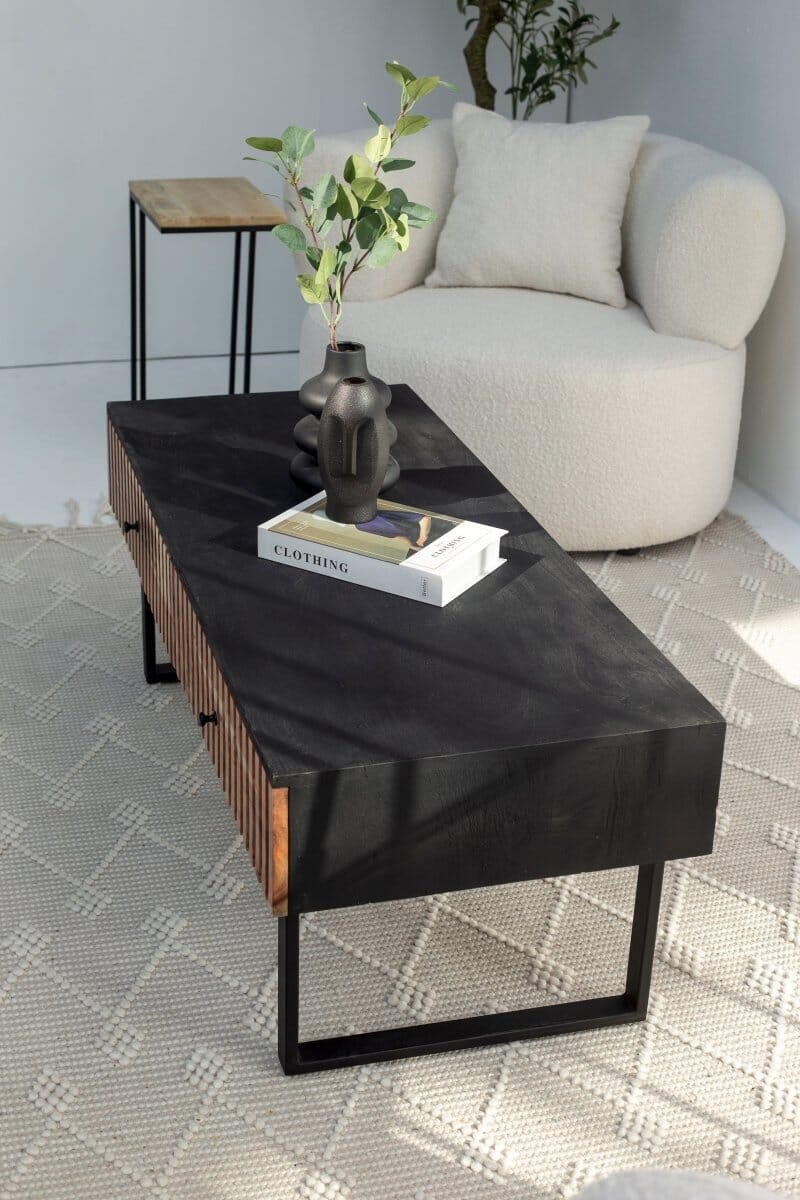 2 Drawer Slat Coffee Table with Black Top