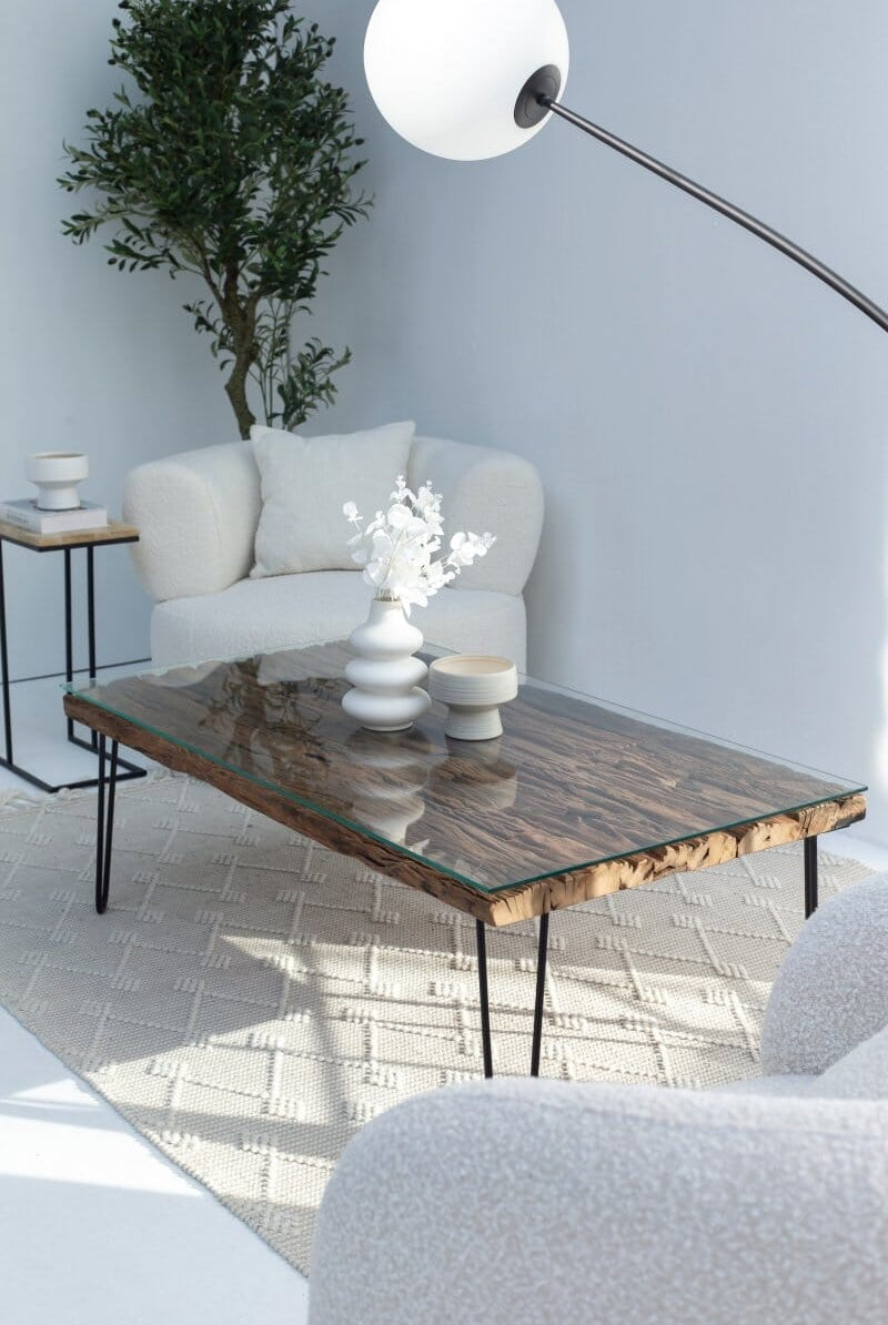 Railway Wood Top Coffee Table with Glass Top Black Leg (Pin Legs Shape)