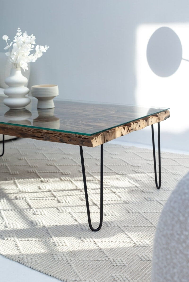 Railway Wood Top Coffee Table with Glass Top