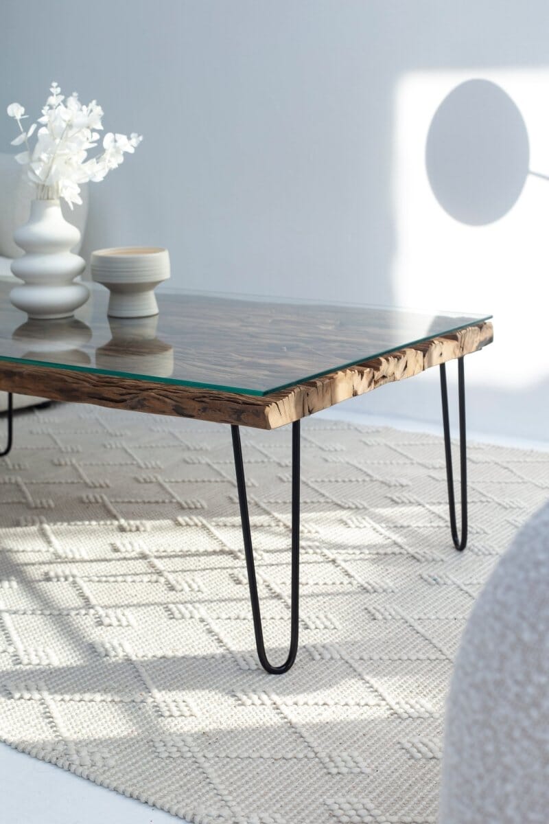 Railway Wood Top Coffee Table with Glass Top