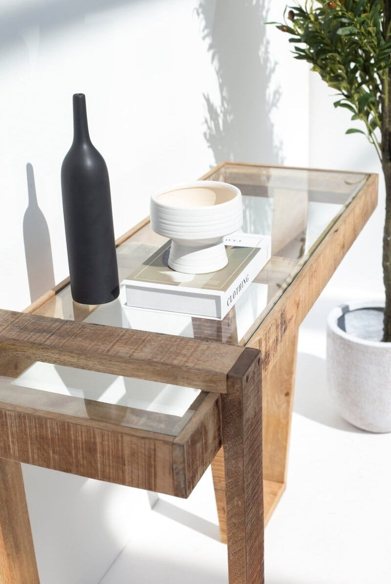 Finn Wooden Console Table with Glass Top