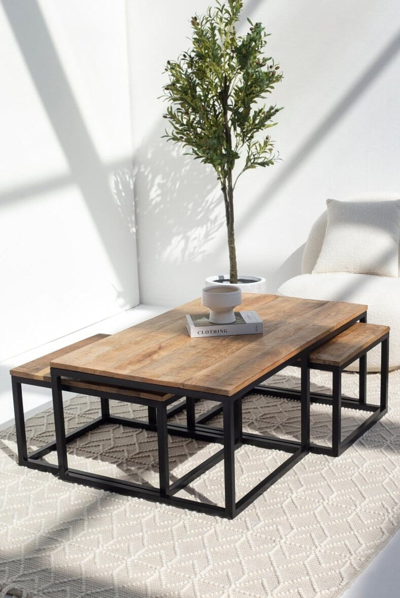 Alfie Nesting Wood Coffee Table with Black Metal Legs