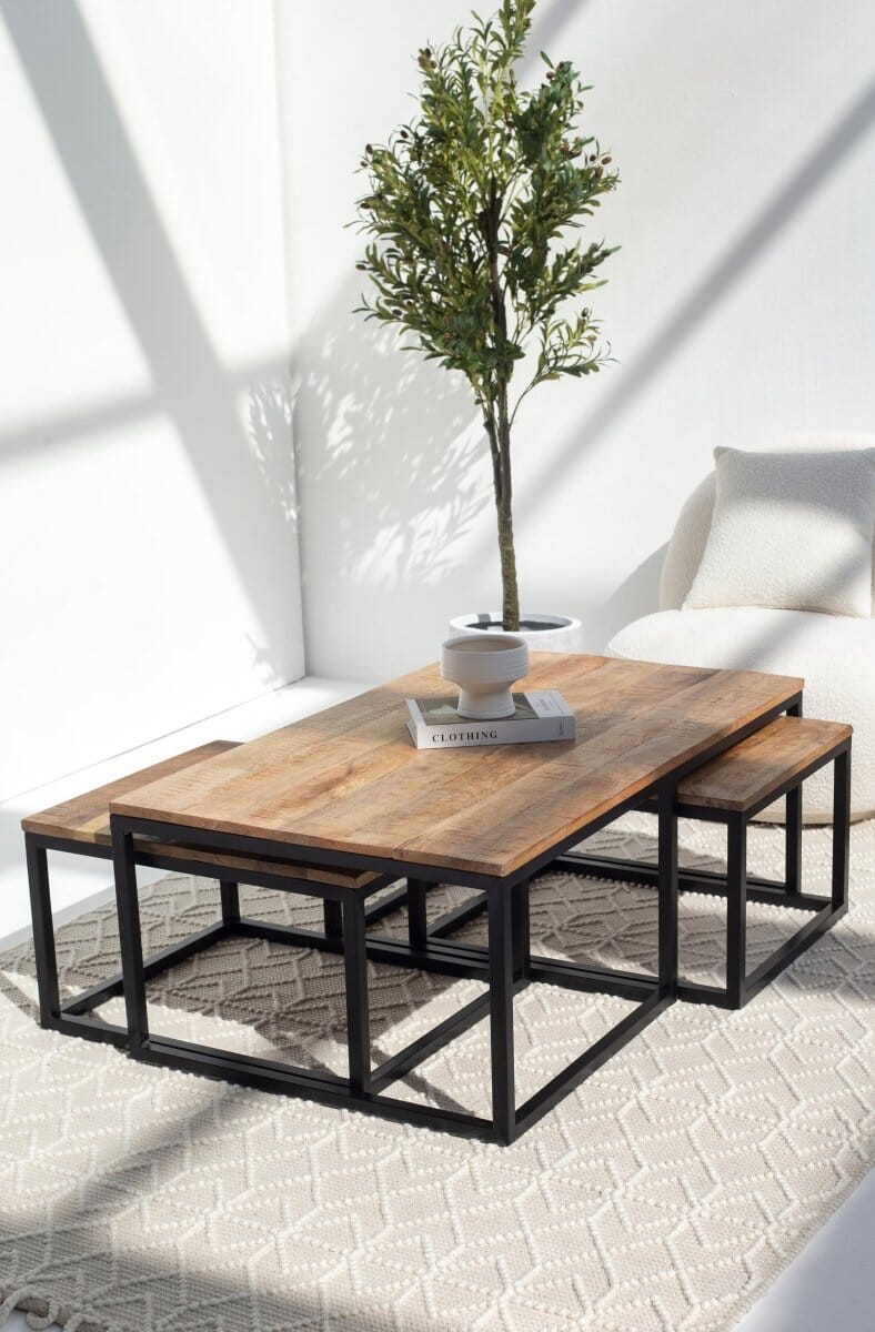 Alfie Nesting Wood Coffee Table with Black Metal Legs