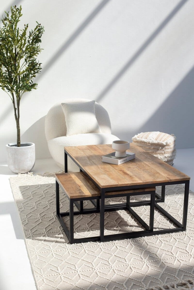Alfie Nesting Wood Coffee Table with Black Metal Legs Homekode
