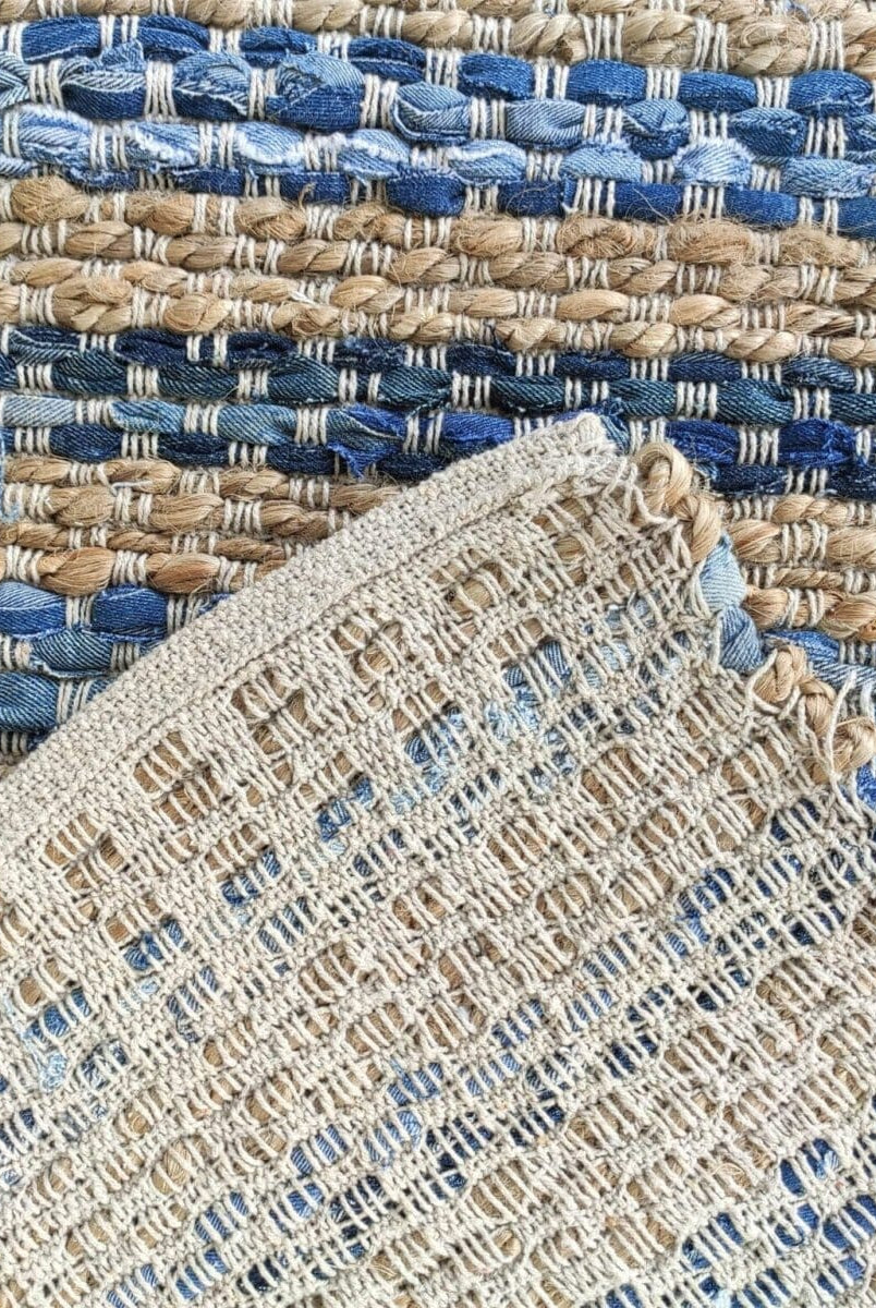 Tranquil Horizon - Linear Beige & Blue Woven Jute Rug (5 Sizes)