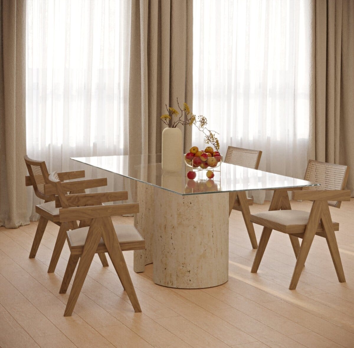 Glassy Glow Travertine Dining Table with U-Shape Legs