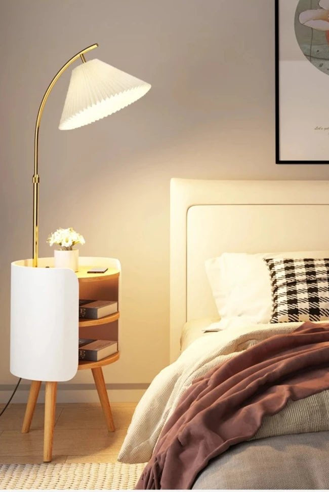 Wood, White, and Gold Floor Lamp With Shelve Homekode