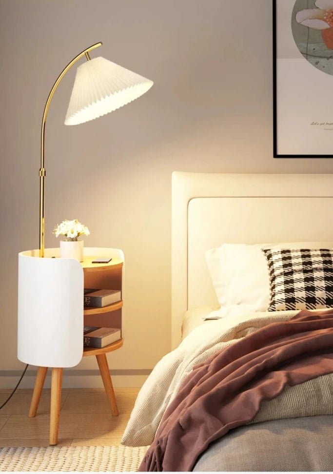 Wood, White, and Gold Floor Lamp With Shelve Homekode