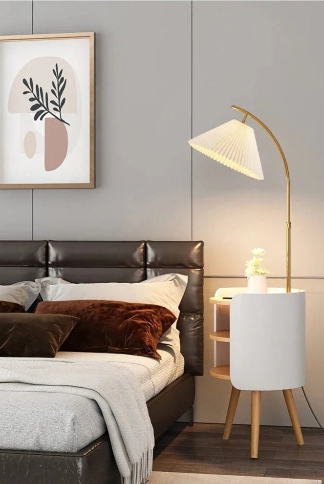 Wood, White, and Gold Floor Lamp With Shelve Homekode