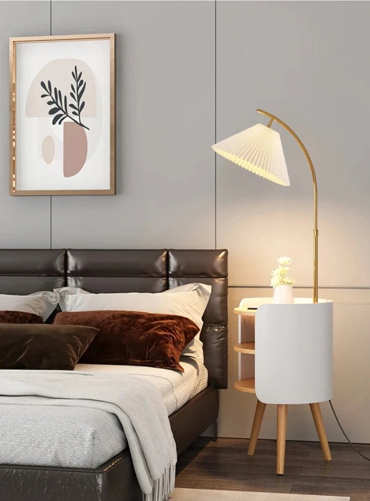 Wood, White, and Gold Floor Lamp With Shelve Homekode