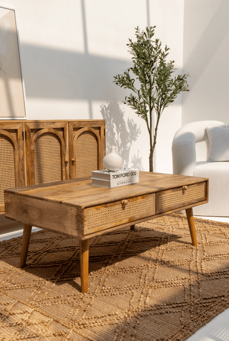 Lily Rattan Drawers Wooden Coffee Table