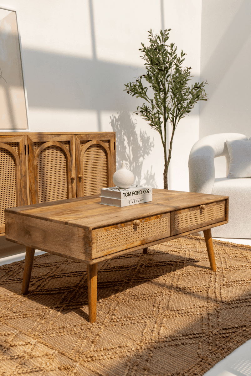 Lily Rattan Drawers Wooden Coffee Table