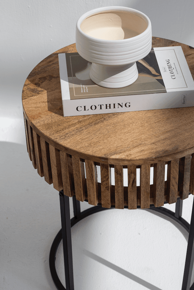 Garcia Wooden Round Side Table With Black Metal Base
