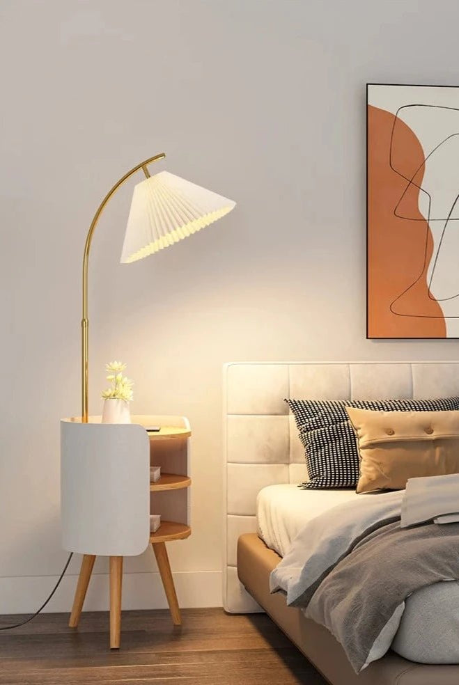 Wood, White, and Gold Floor Lamp With Shelve Homekode
