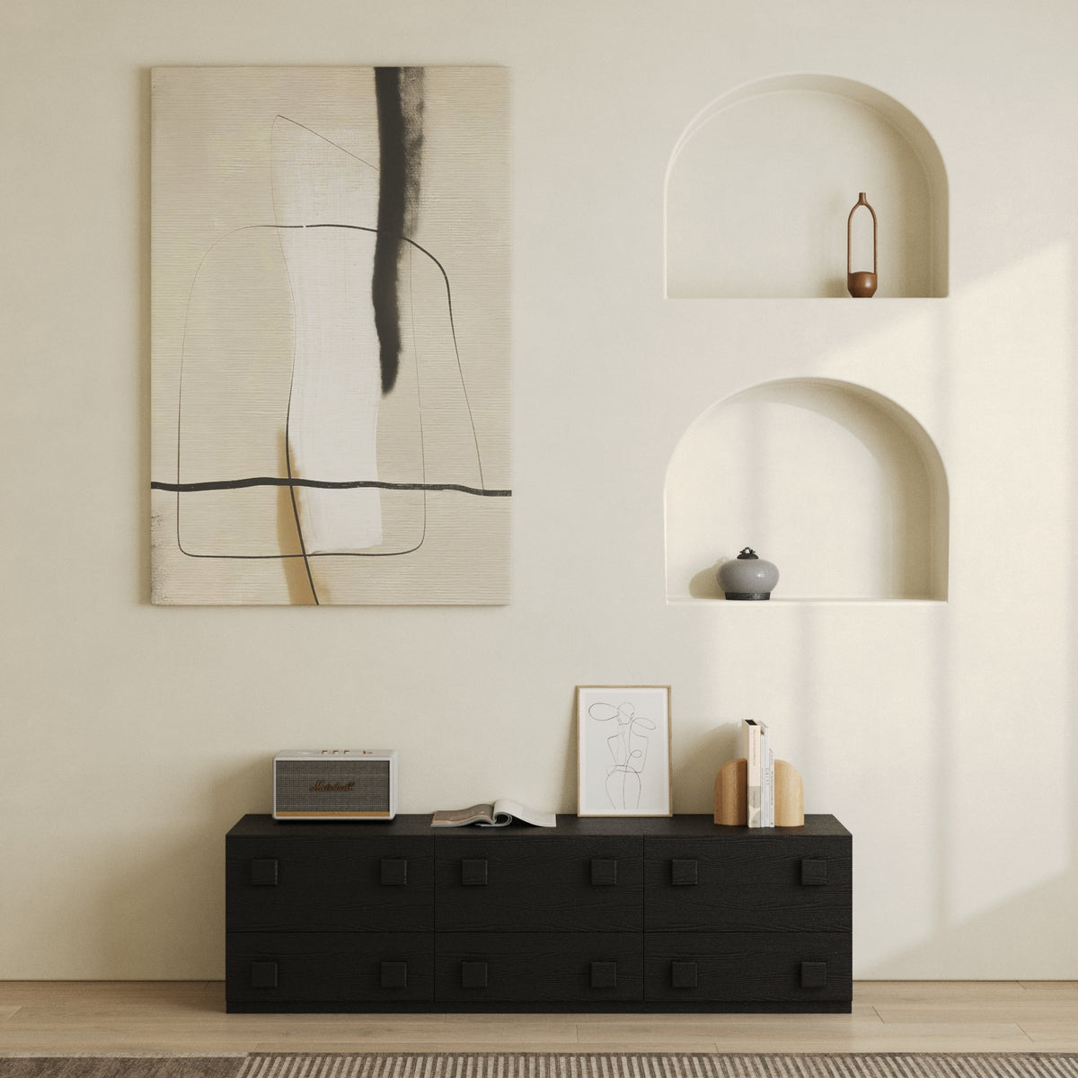 Tessera Black Wood Sideboard Cabinet with Textured Drawer Detail Luxe ...