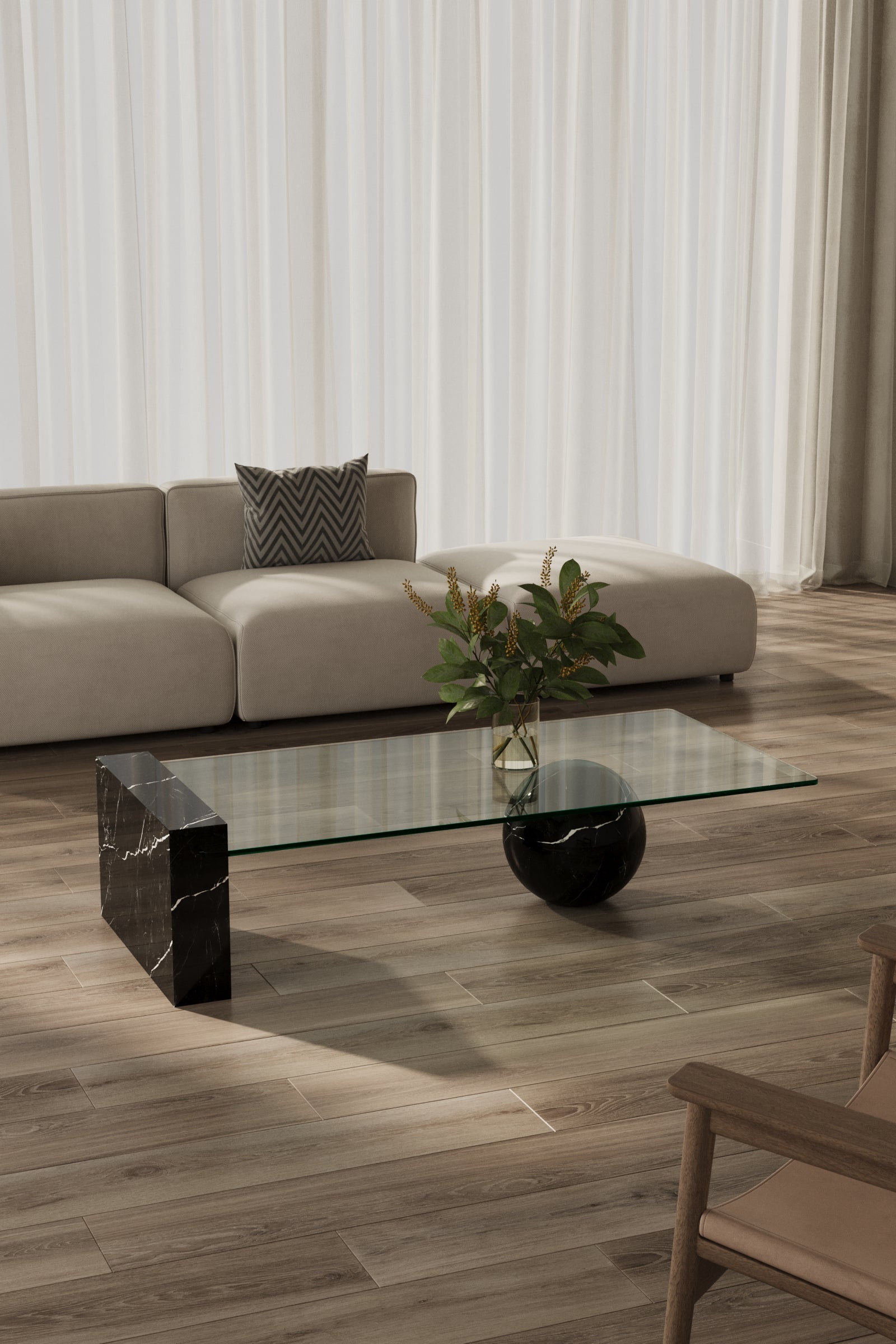 Adelaide Black Marquina Marble & Glass Coffee Table
