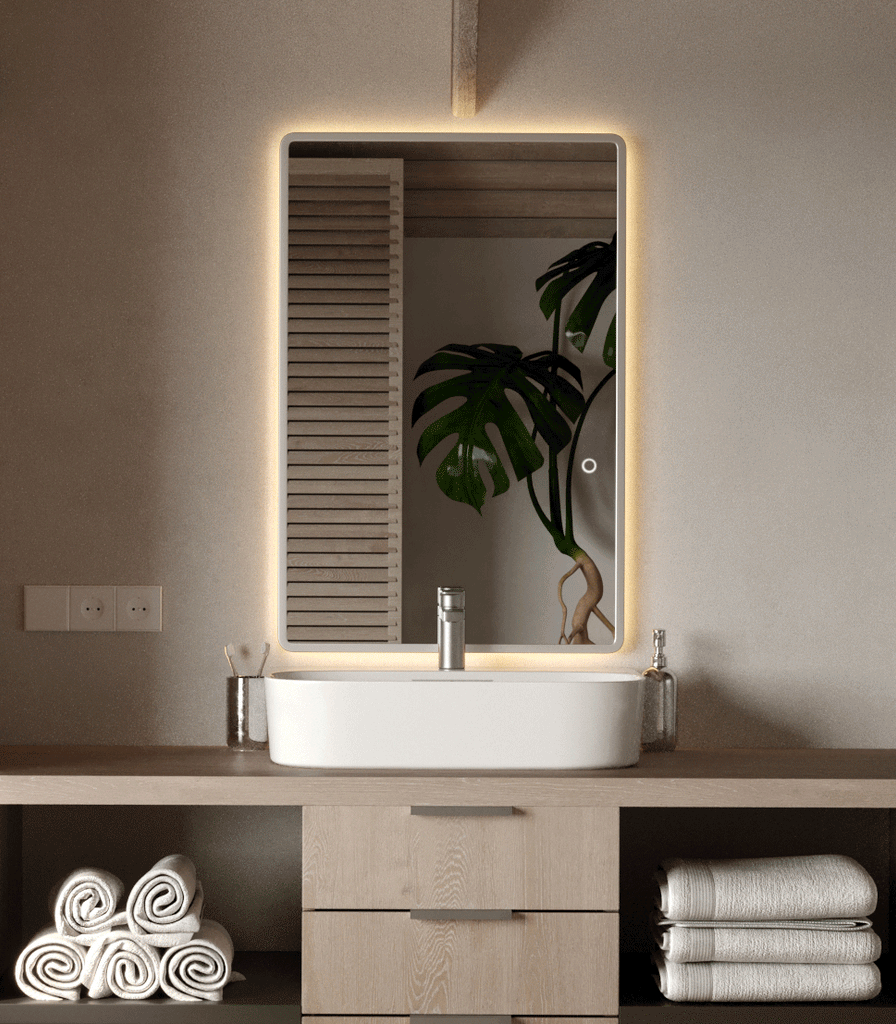 Backlit Vanity Silver Frame Wall Mirror with Rounded Corners