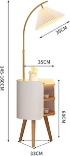 Wood, White, and Gold Floor Lamp With Shelve