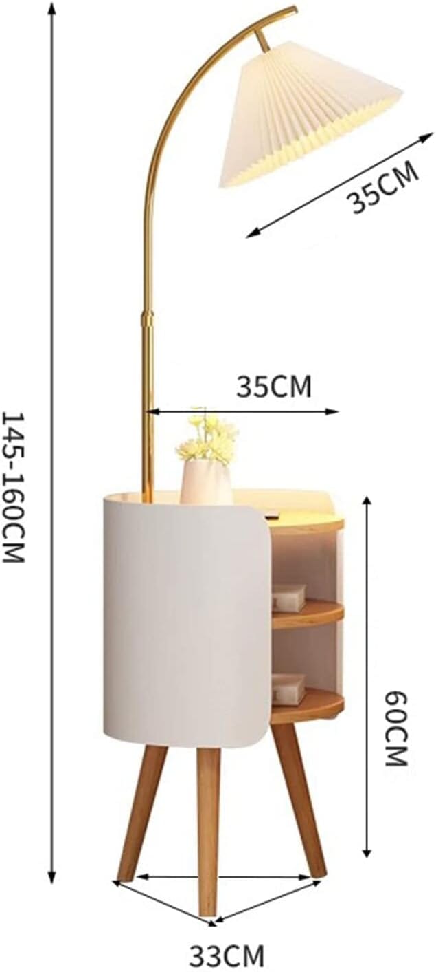 Wood, White, and Gold Floor Lamp With Shelve