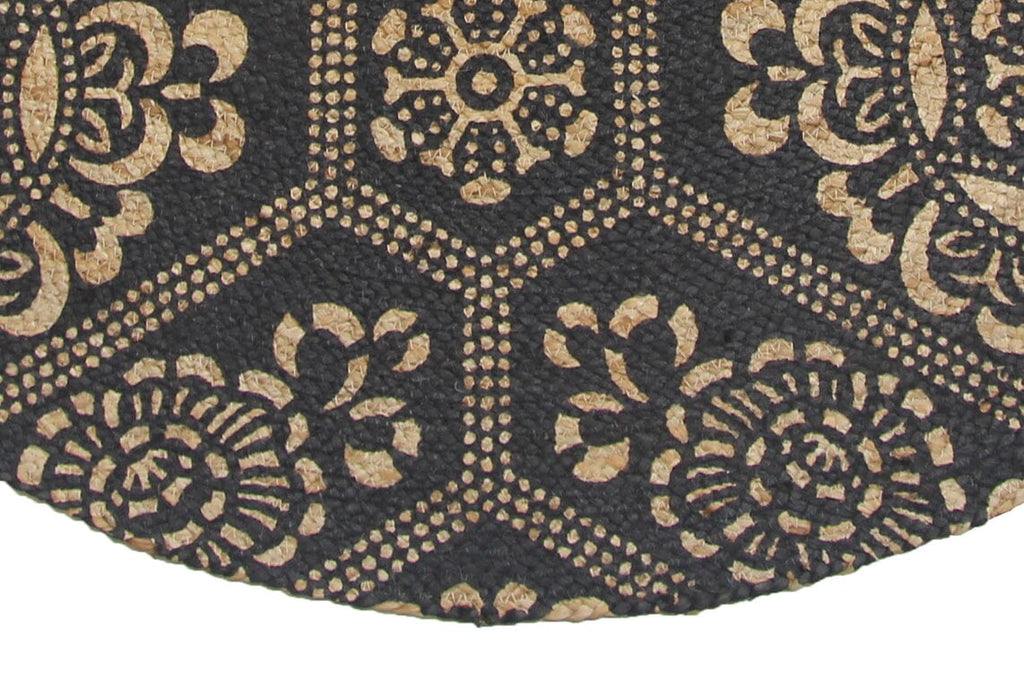 Floral - Pattern Black & Natural Braided Jute Round Rug (120 CM)