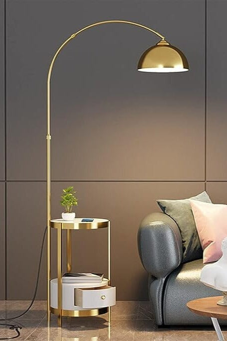 Gold and White Arched Floor Lamp With Side Table