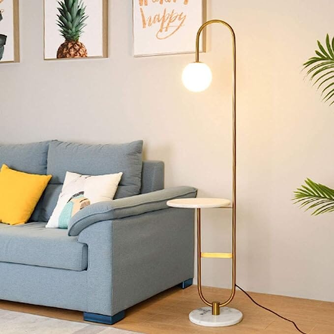 Gold and White arched Floor Lamp With Side table