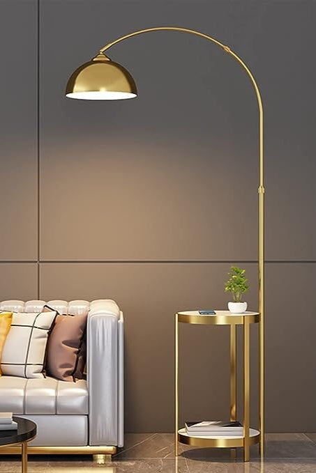 Gold and White Arched Floor Lamp With Side table