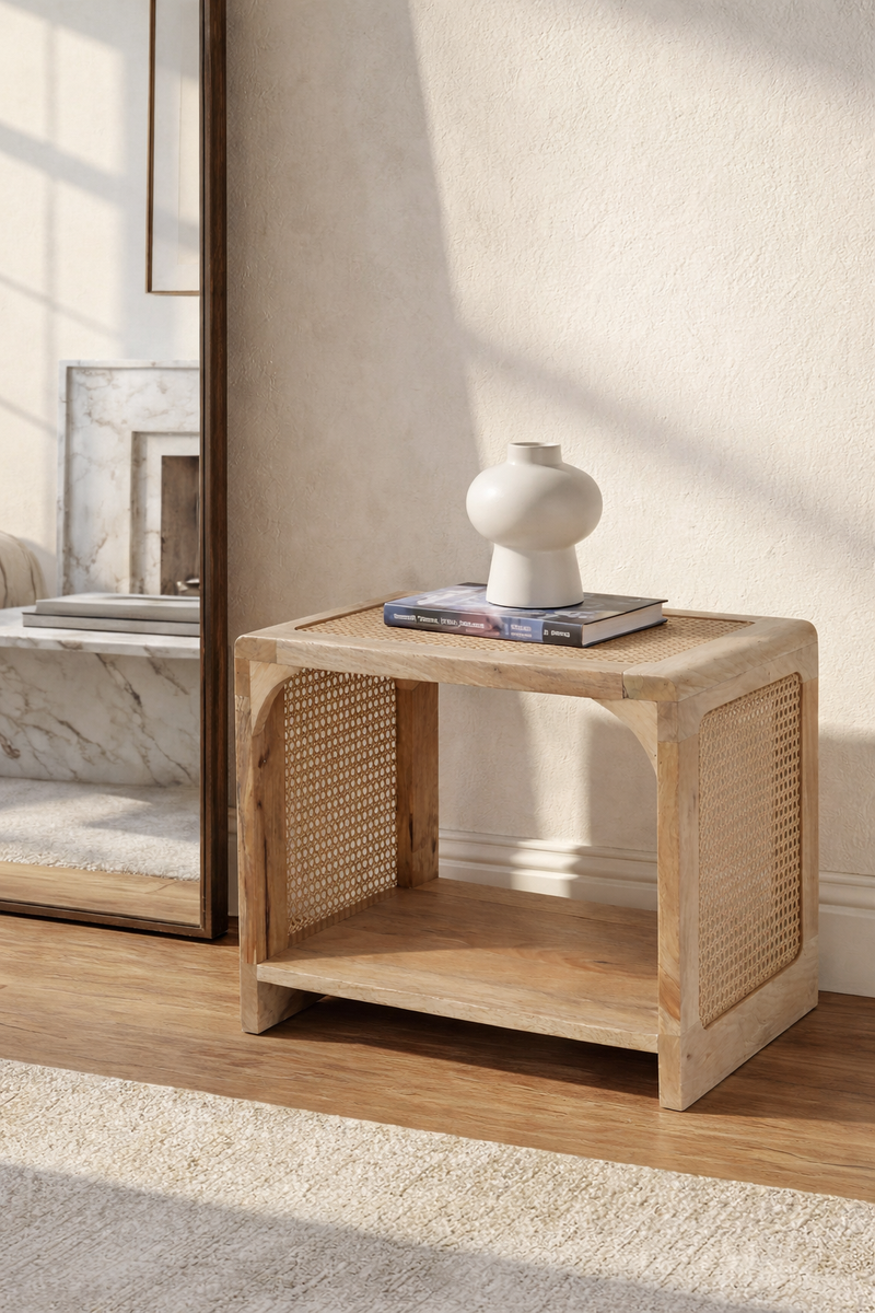 Alayna rattan and mango wood side table with woven detailing