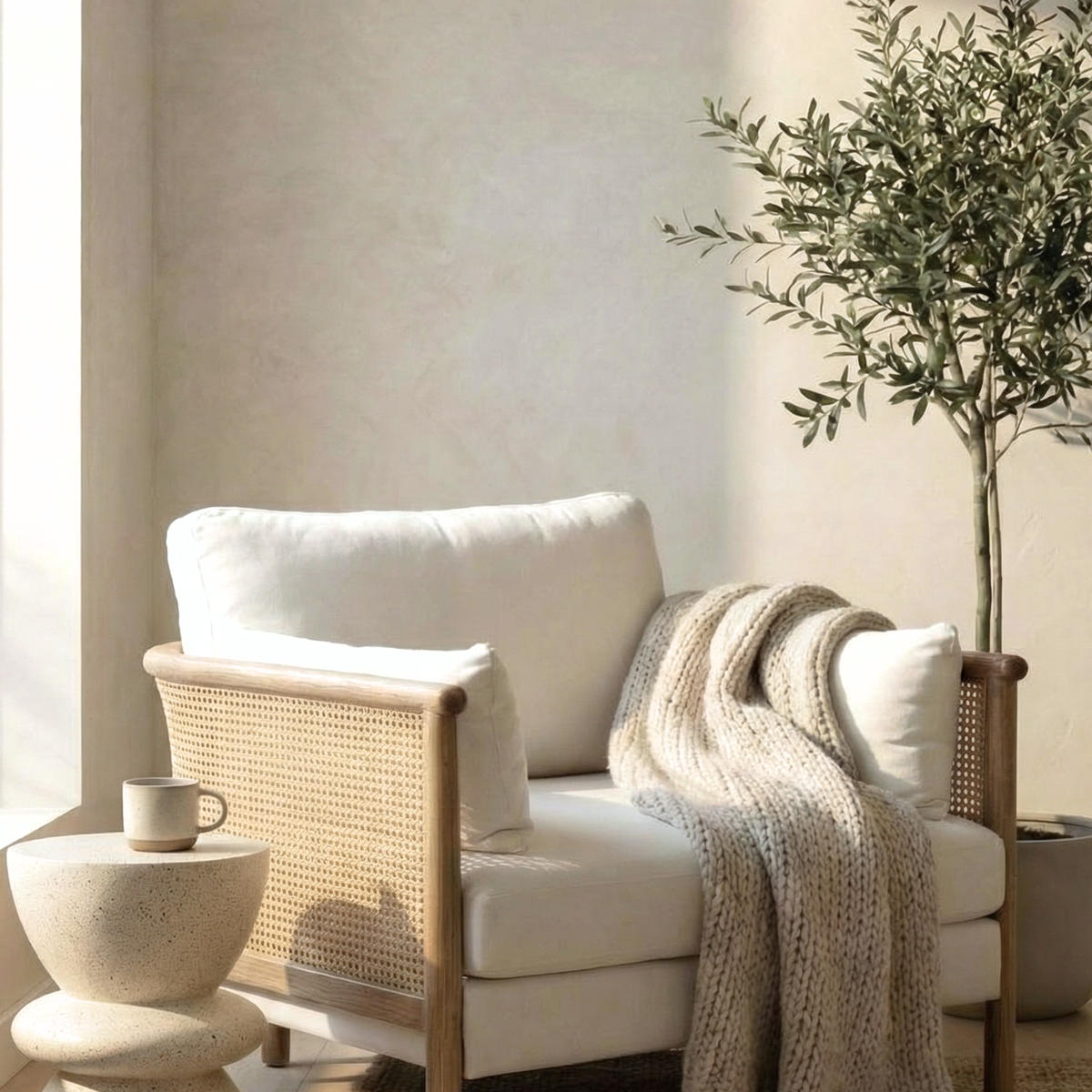 Almea wooden lounge chair with a warm frame and soft cushions