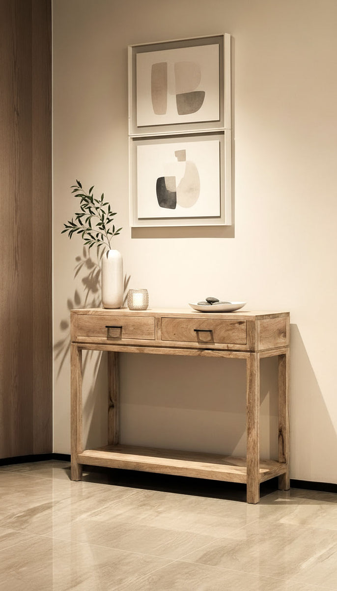 Arely Mango Wood Desk Console with Two Drawers Modern Storage – Homekode