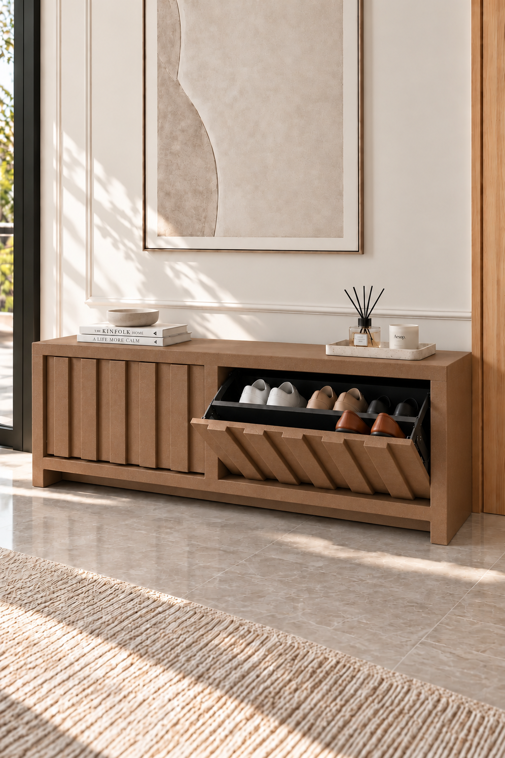 Arqen Brown Microconcrete Wide Fluted Shoe Cabinet