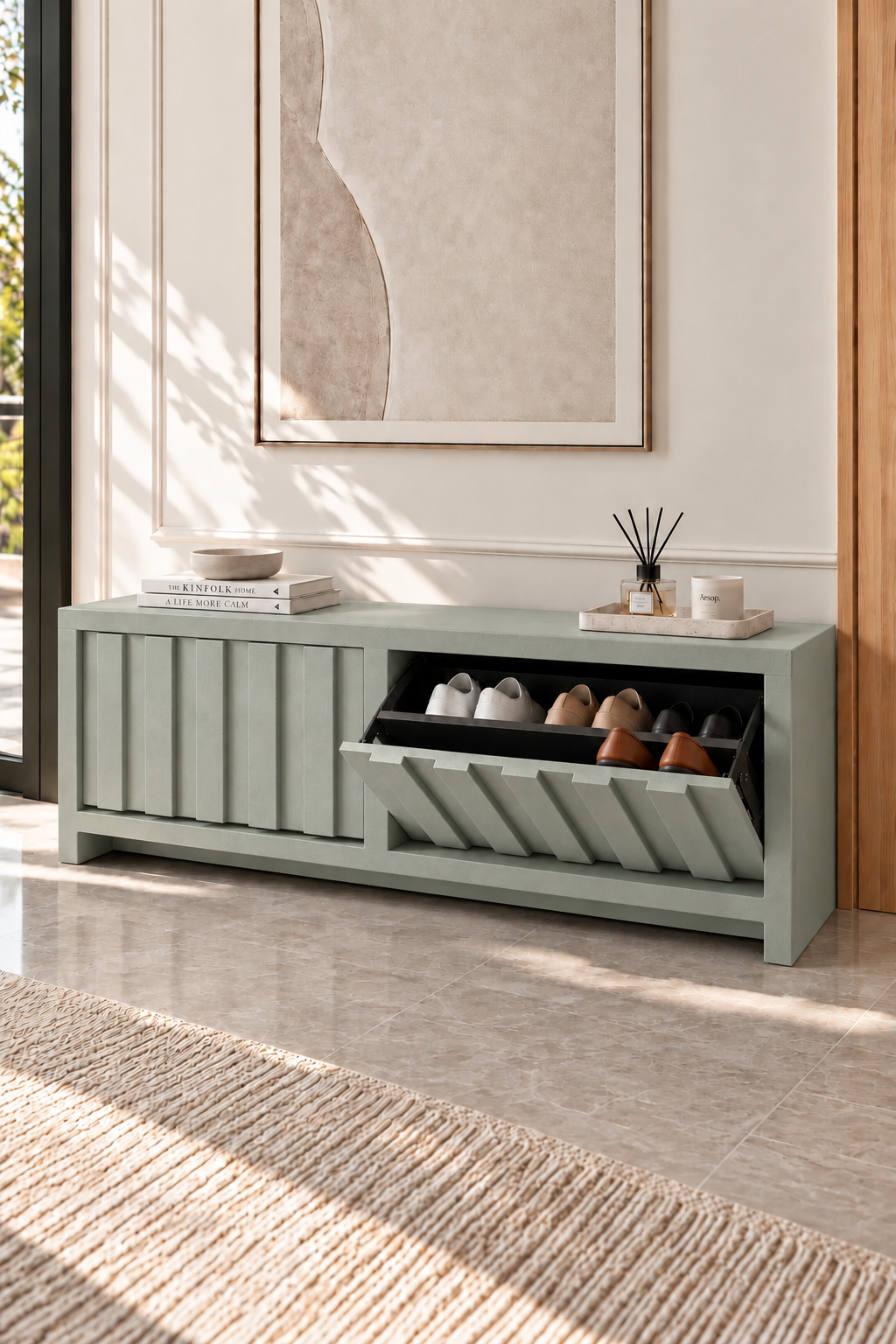Arqen Pistachio Green Microconcrete Wide Fluted Shoe Cabinet