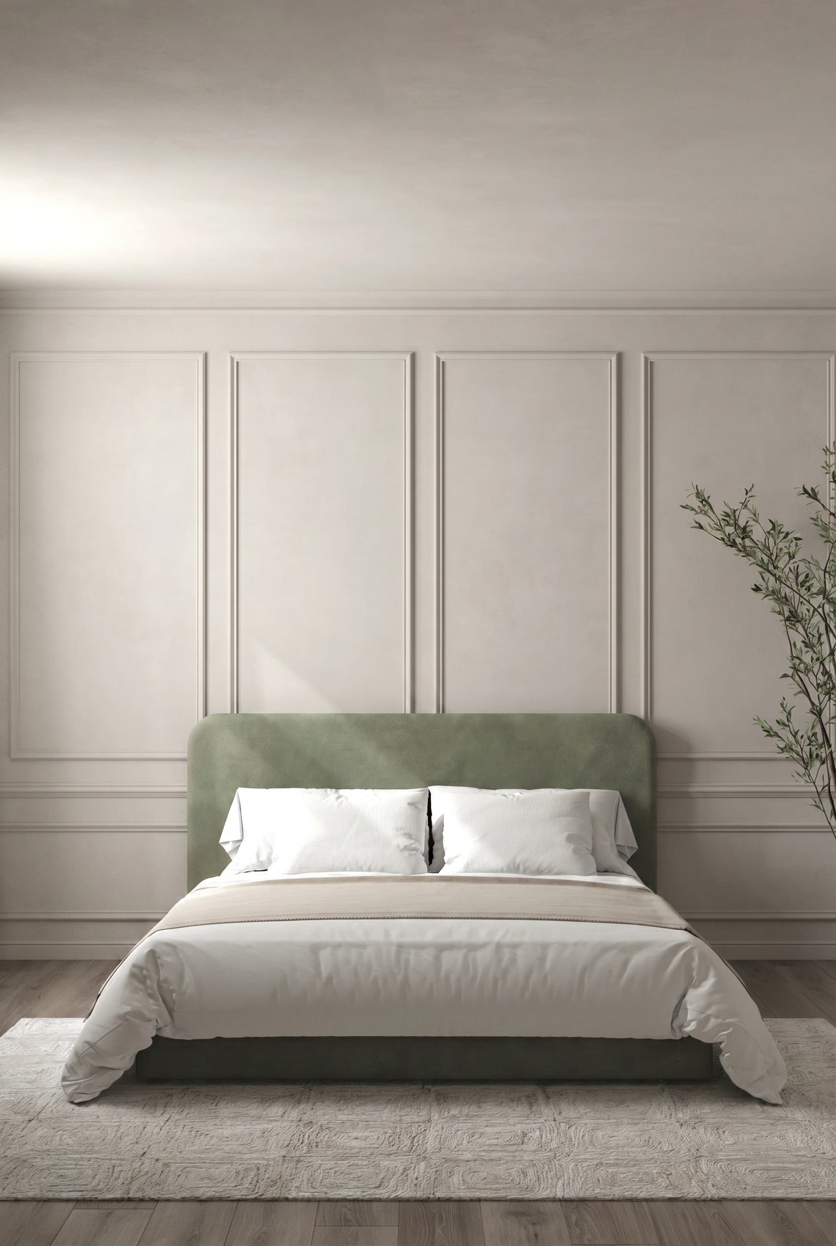Asli Greyish Green Fabric Bed with Rounded Corners Headboard