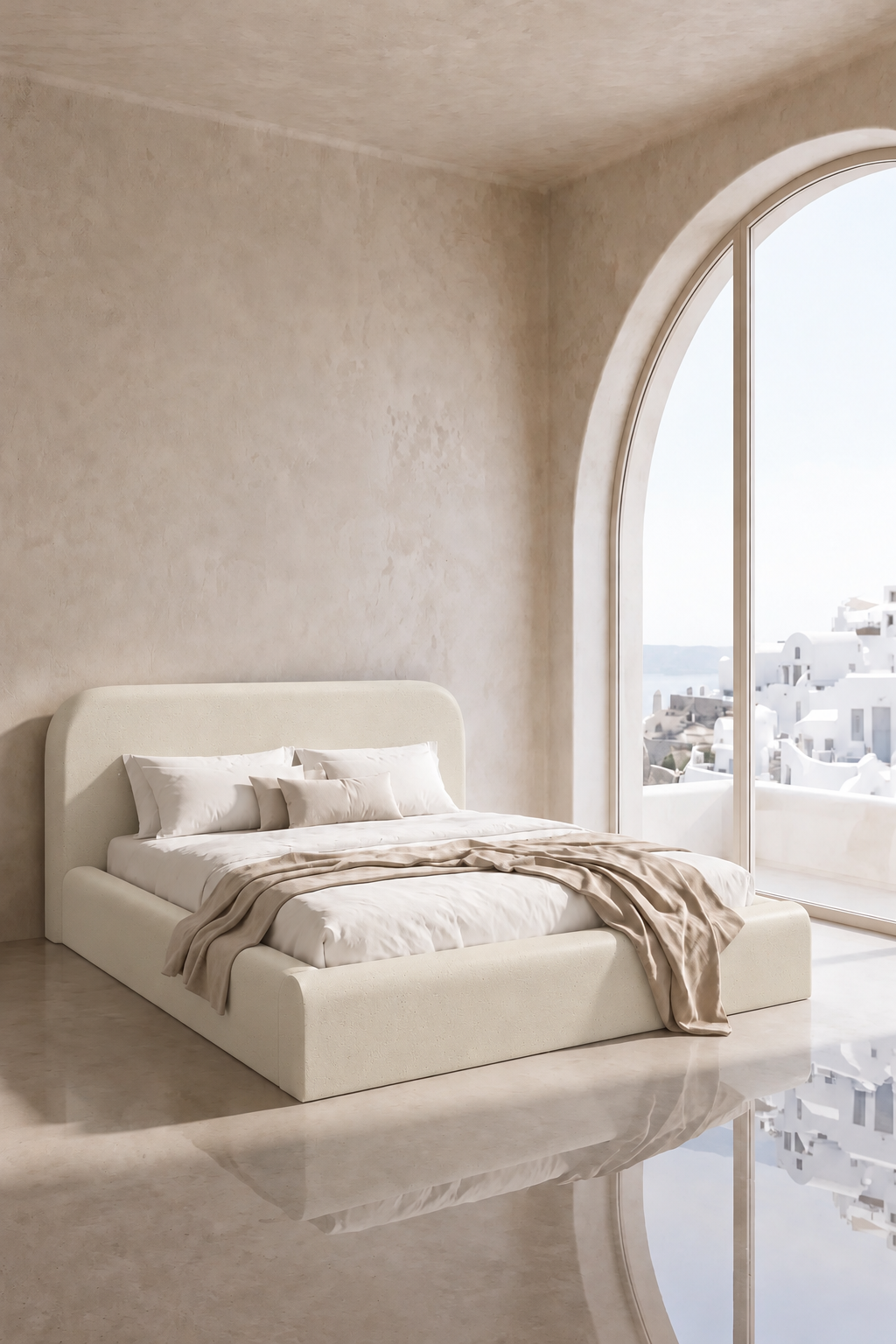 Asli Light Beige Microconcrete Bed with Rounded Corners Headboard