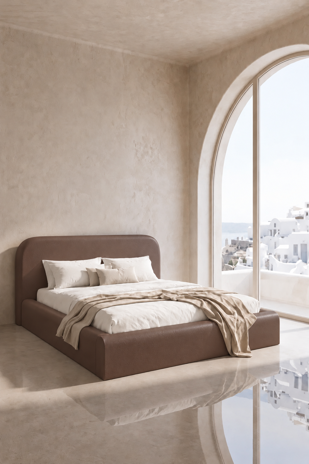 Asli Mocha Microconcrete Bed with Rounded Corners Headboard