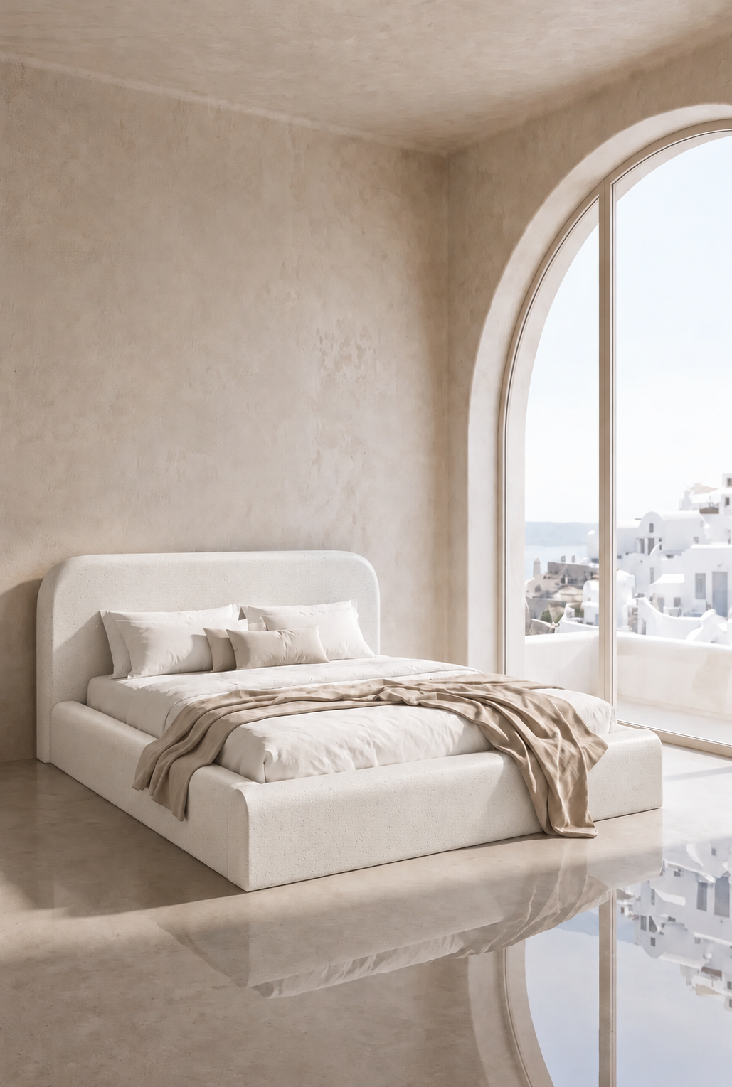 Asli Off White Microconcrete Bed with Rounded Corners Headboard