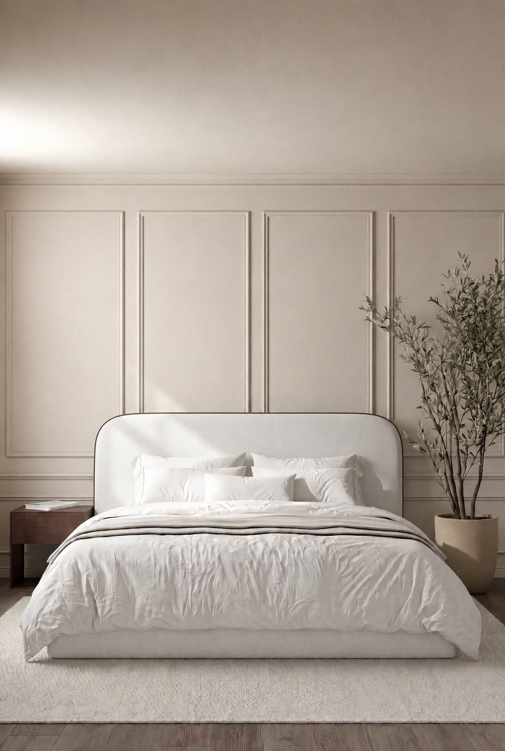 Asli Stone Ivory Fabric Bed with Black Piping Rounded Corners Headboard