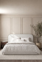 Asli Stone Ivory Fabric Bed with Black Piping Rounded Corners Headboard