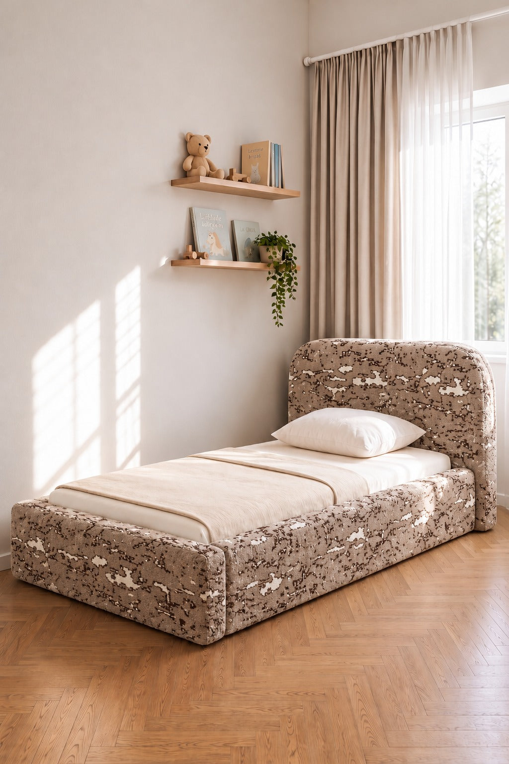 Asli_Taupe_Distressed_Patterned_Fabric_Single_Bed_with_Rounded_Corners_Headboard